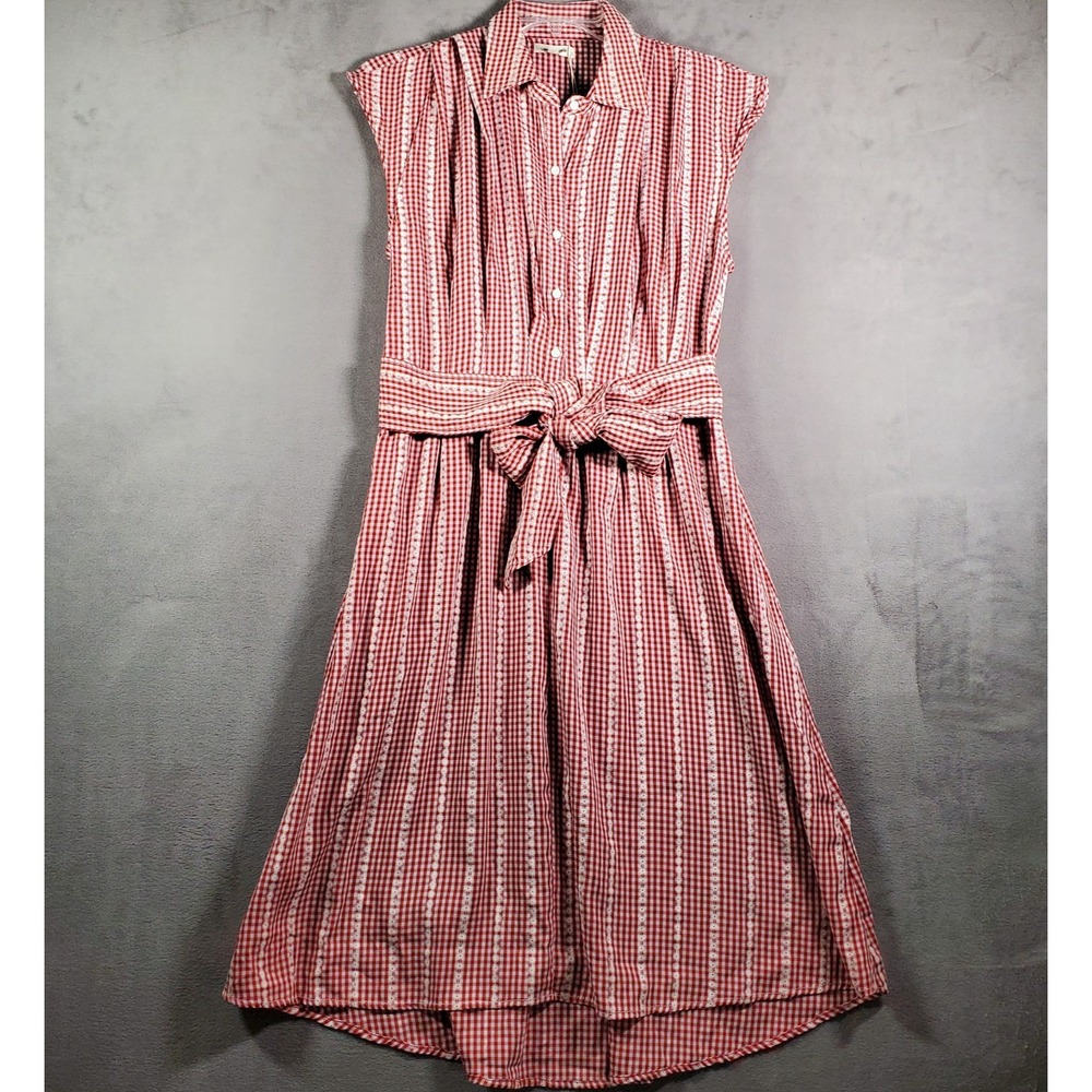 Max Studio Dress Womens‎ L Red Gingham Check Button Front Cap Sleeve Cottage NEW